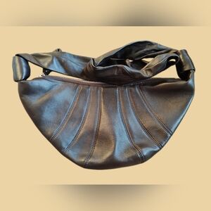 Soft Pleated Crescent Leather Shoulder Bag - Dark Brown